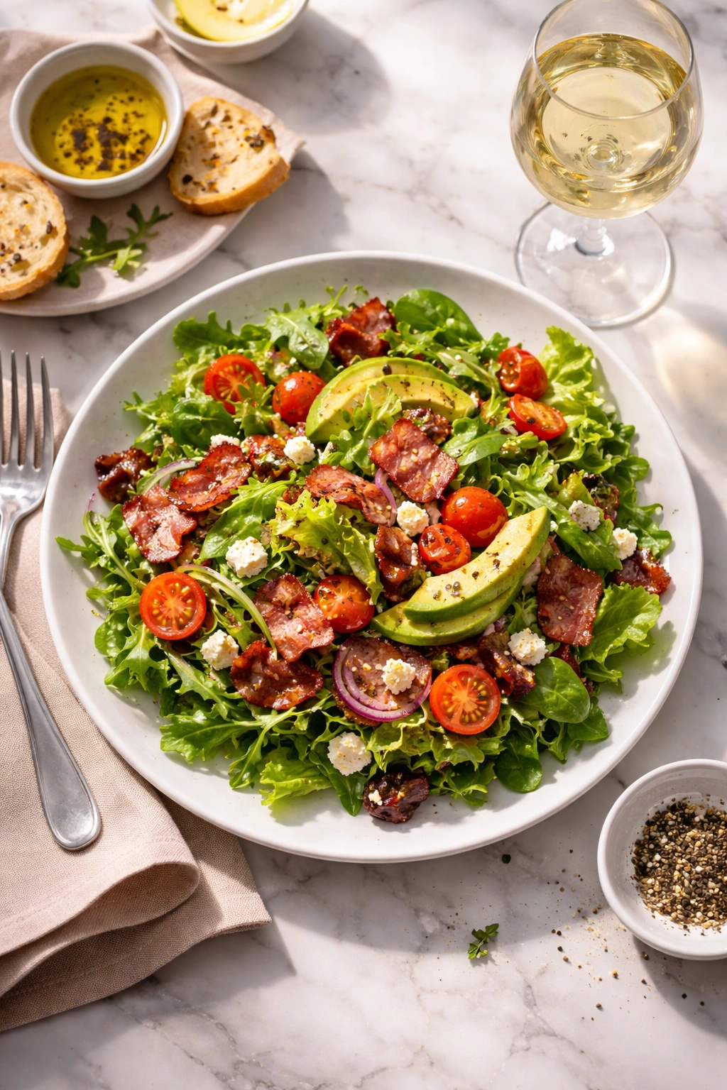 Elegant plated bacon salad with white wine pairing on a dining table.