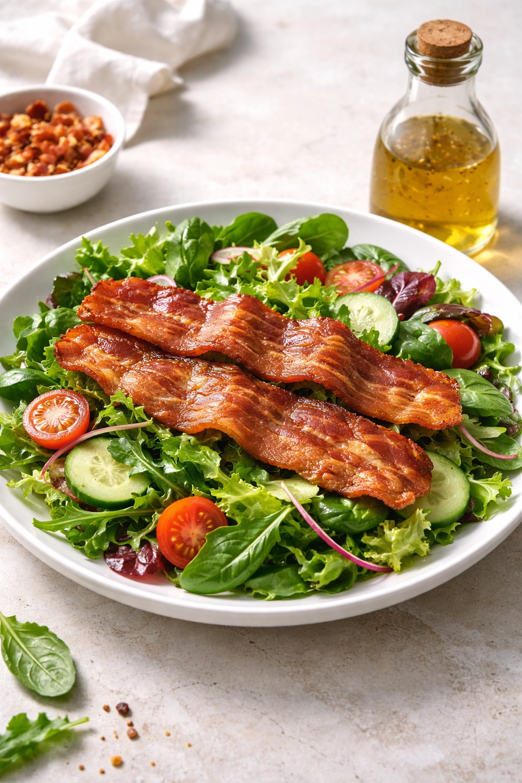 Close-up of three crispy bacon slices on greens with a vinaigrette bottle, illustrating tips for bacon salad.