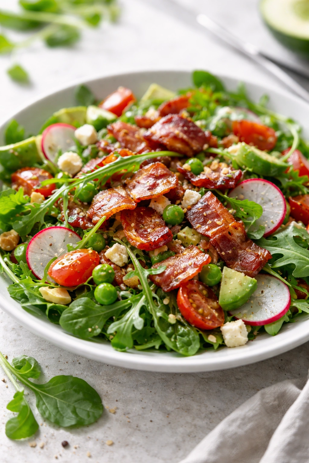 Plate of bacon salad with radishes, peas, and cheese toppings showing variations.