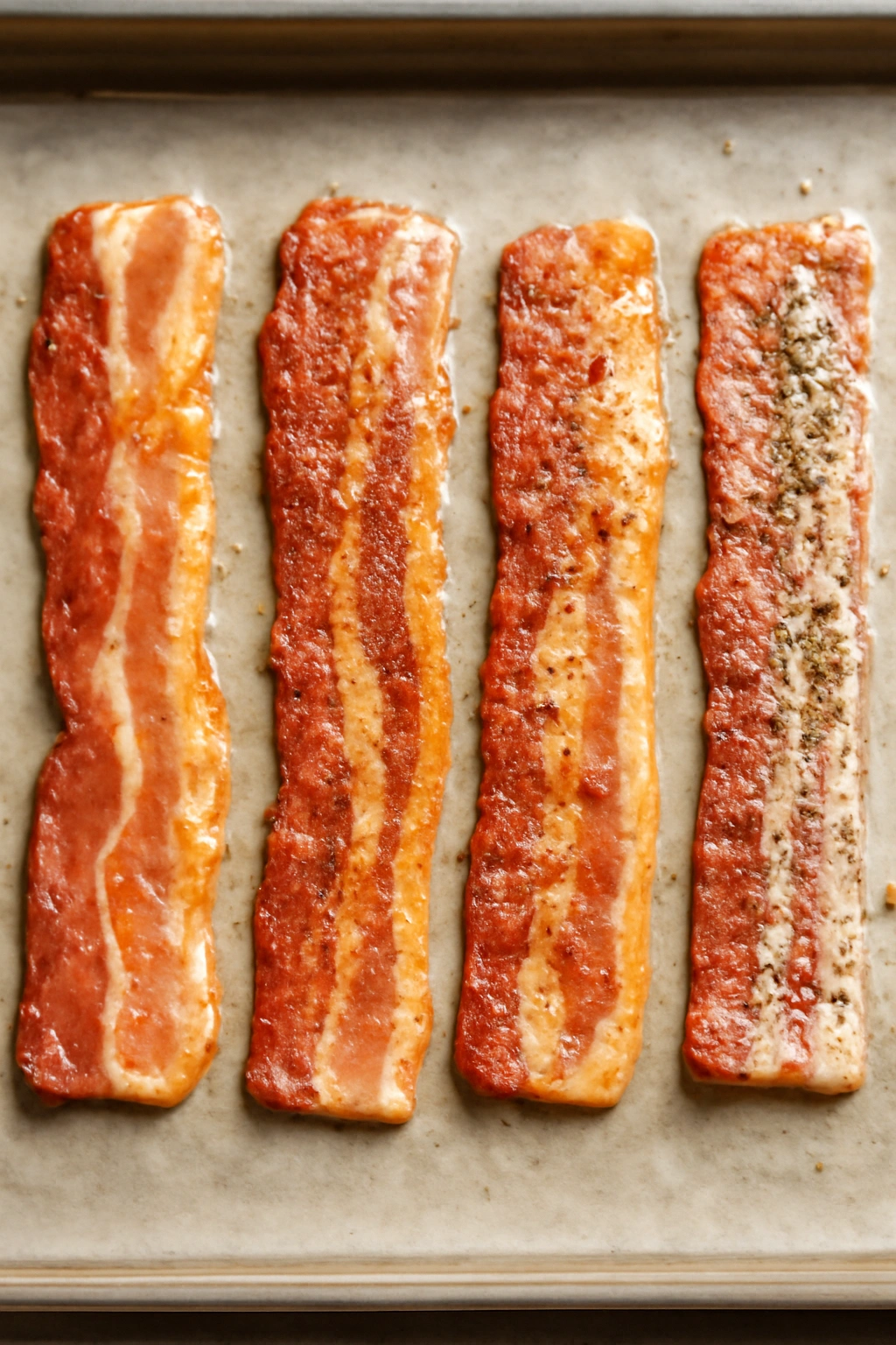 Raw bacon with maple glaze and chili powder seasoning on parchment