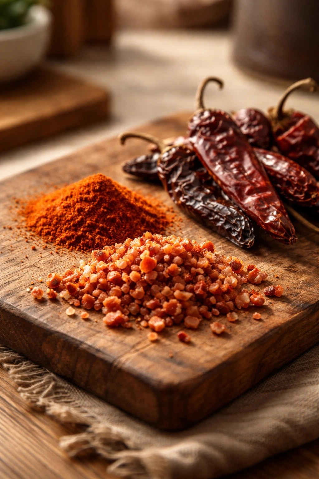 Close-up of bacon bits, smoked paprika, and dried chiles on a rustic wooden board