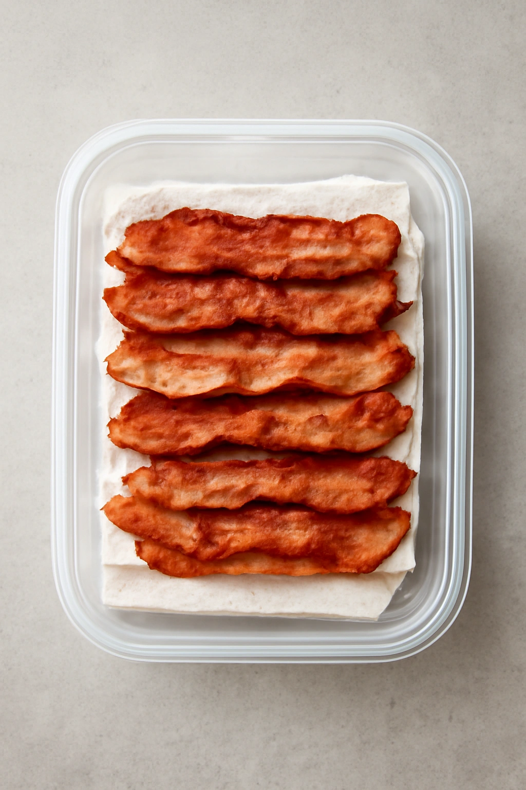 Airtight container with bacon layers separated by paper towels on a counter