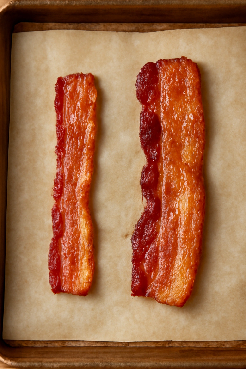 Two bacon strips with different thickness on parchment-lined sheet for oven-baking choices