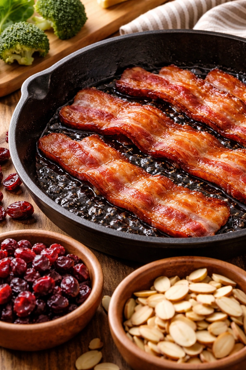 Close-up of thick-cut bacon with cranberries and almonds on a wooden surface