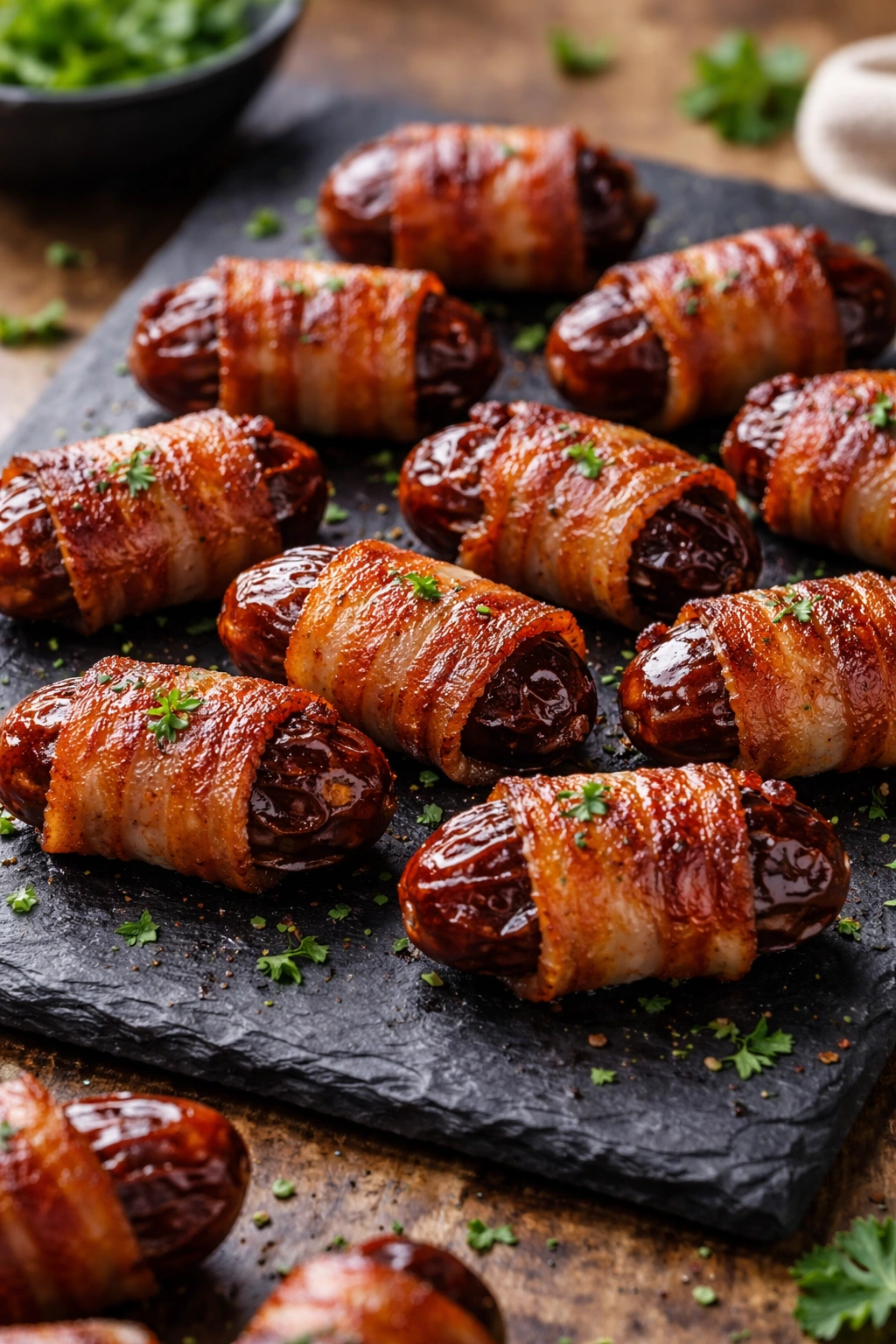 Bacon-wrapped dates on a dark slate board