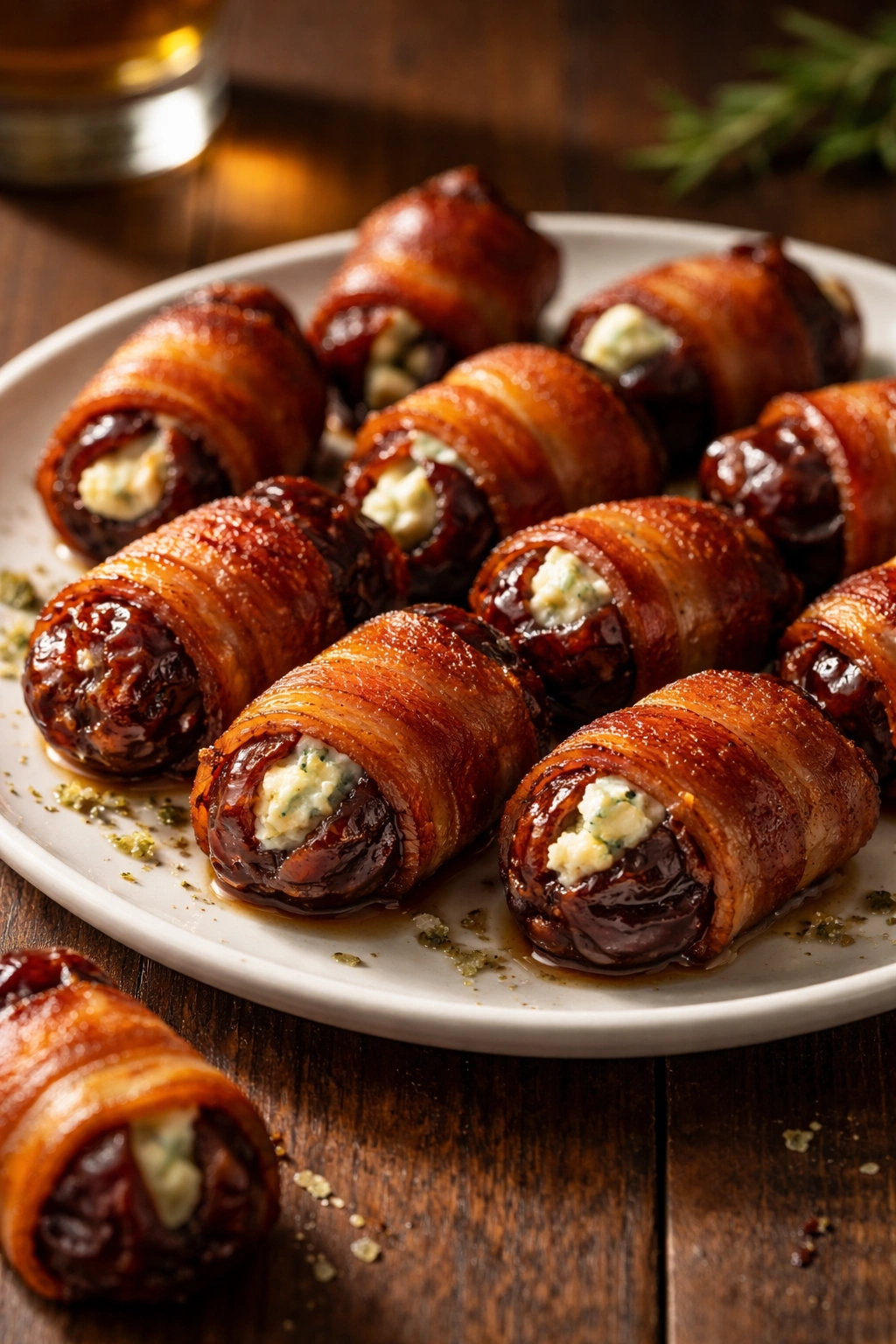 Close-up view of bacon-wrapped dates stuffed with blue cheese on a white plate