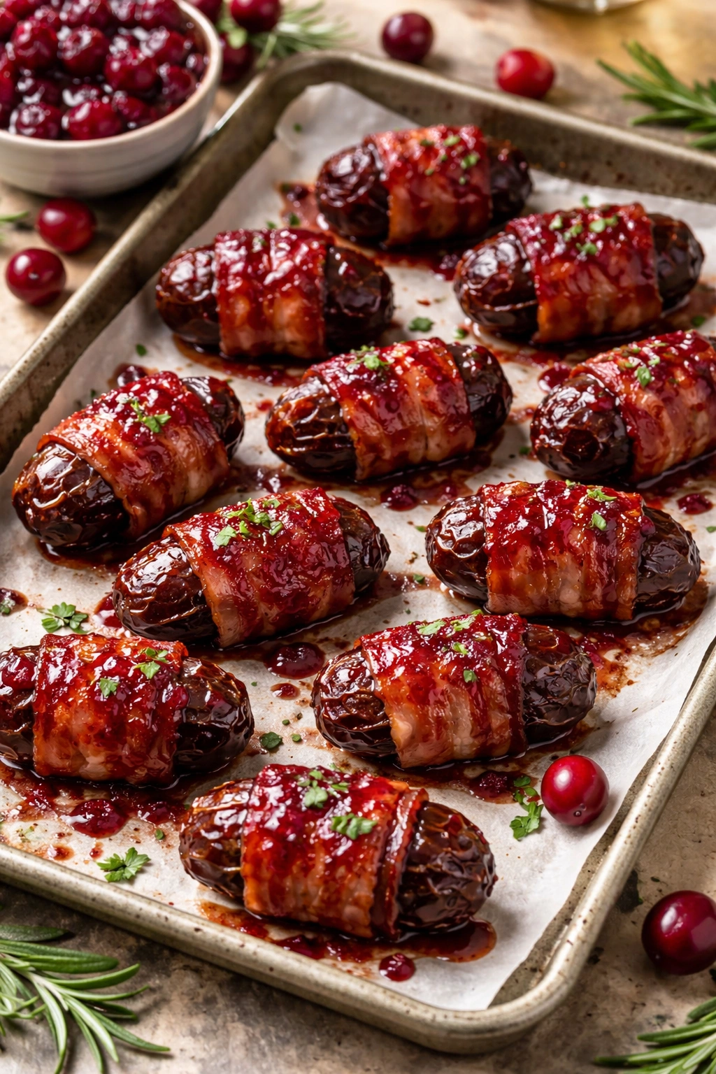Bacon-wrapped dates with cranberry glaze on parchment