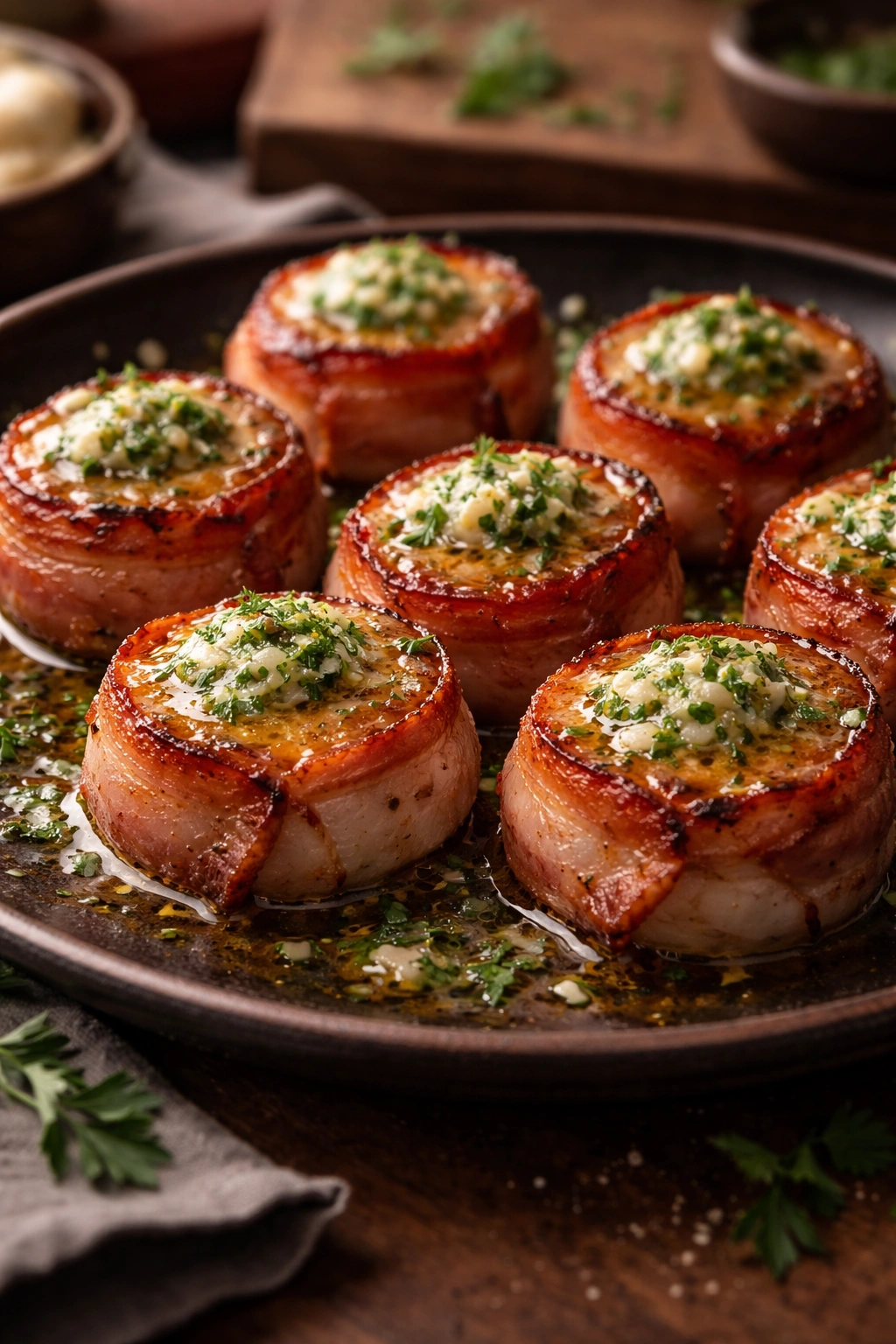 Close-up of bacon-wrapped scallops with herb butter on a dark plate
