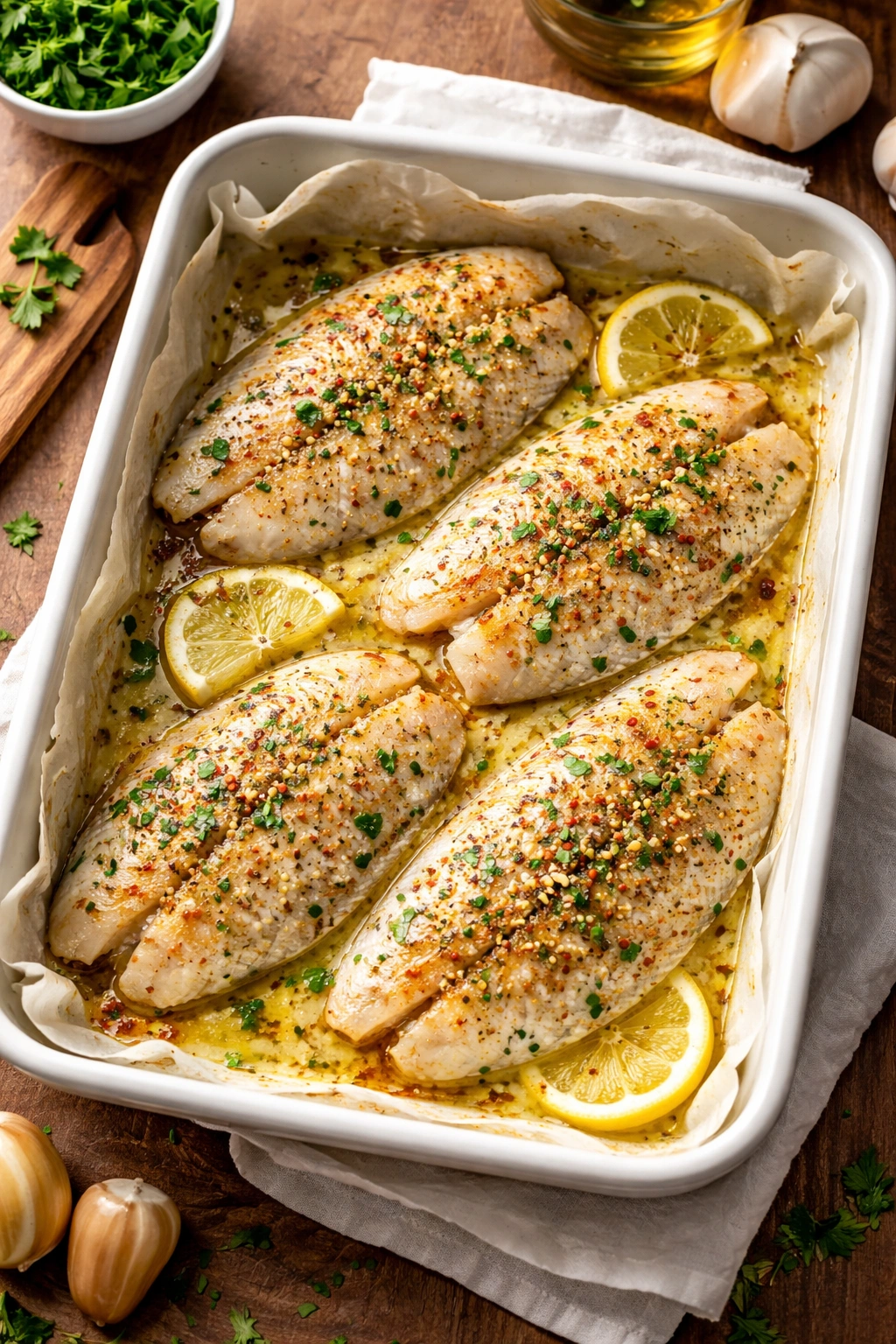 Tilapia fillets in buttered dish ready to bake to flaky perfection