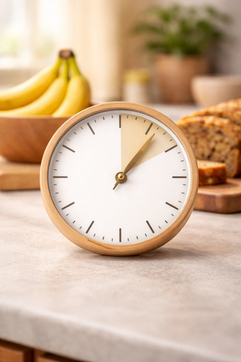 Analog clock face without numerals in a warm kitchen