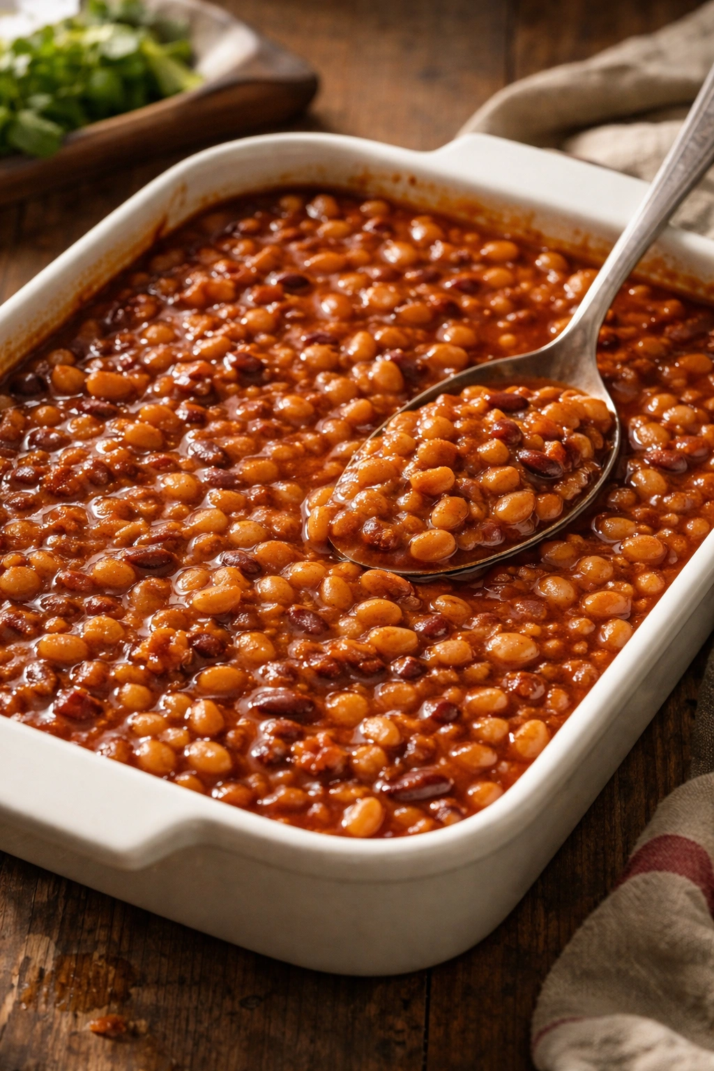 Baked beans in baking dish with rich sauce
