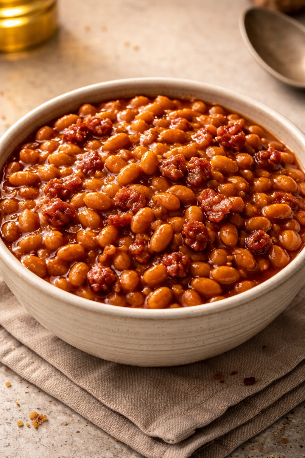 Bowl of loaded baked beans in glossy sauce with bacon bits