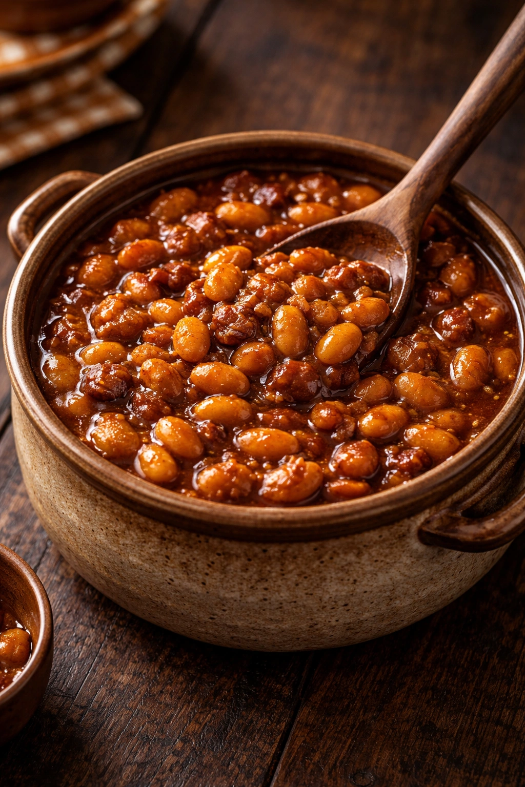 Baked beans in a rustic ceramic pot with glossy sauce.