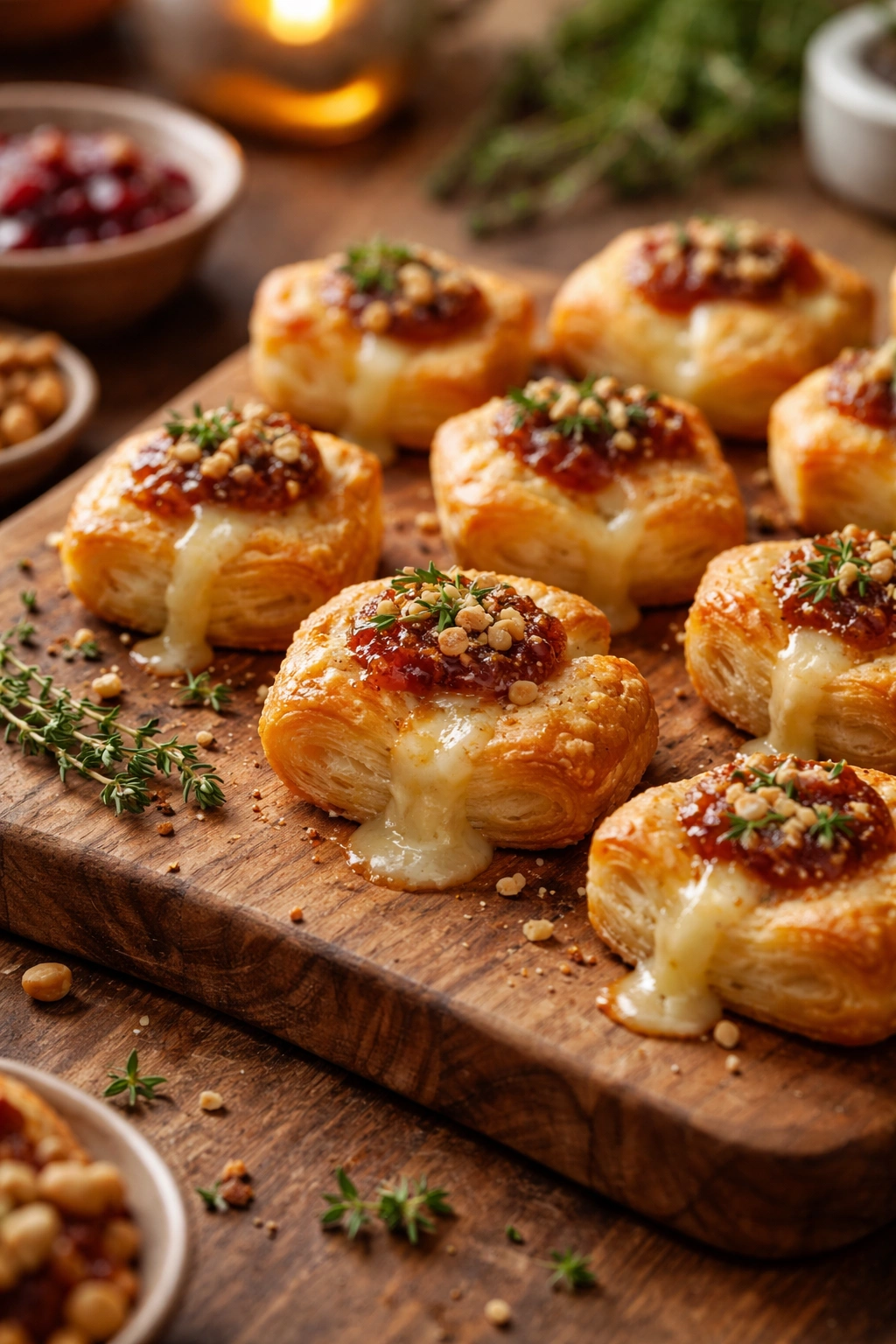 Close-up of golden baked brie bites on a rustic board