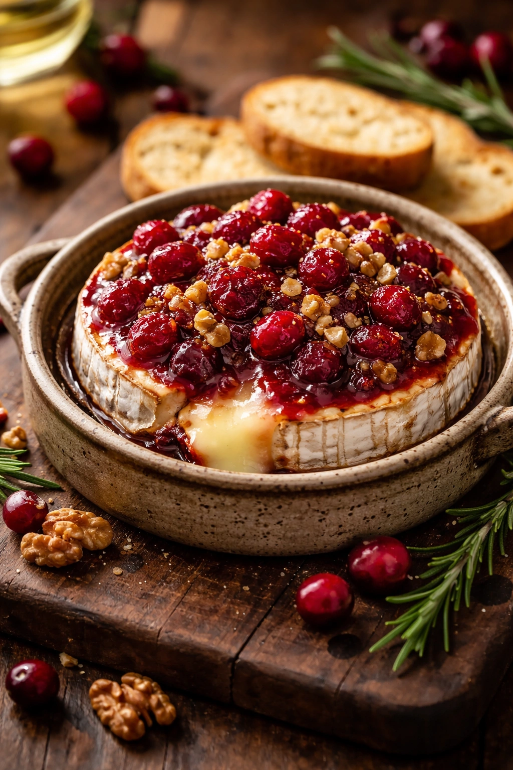 Close-up of melted brie topped with cranberry walnut compote