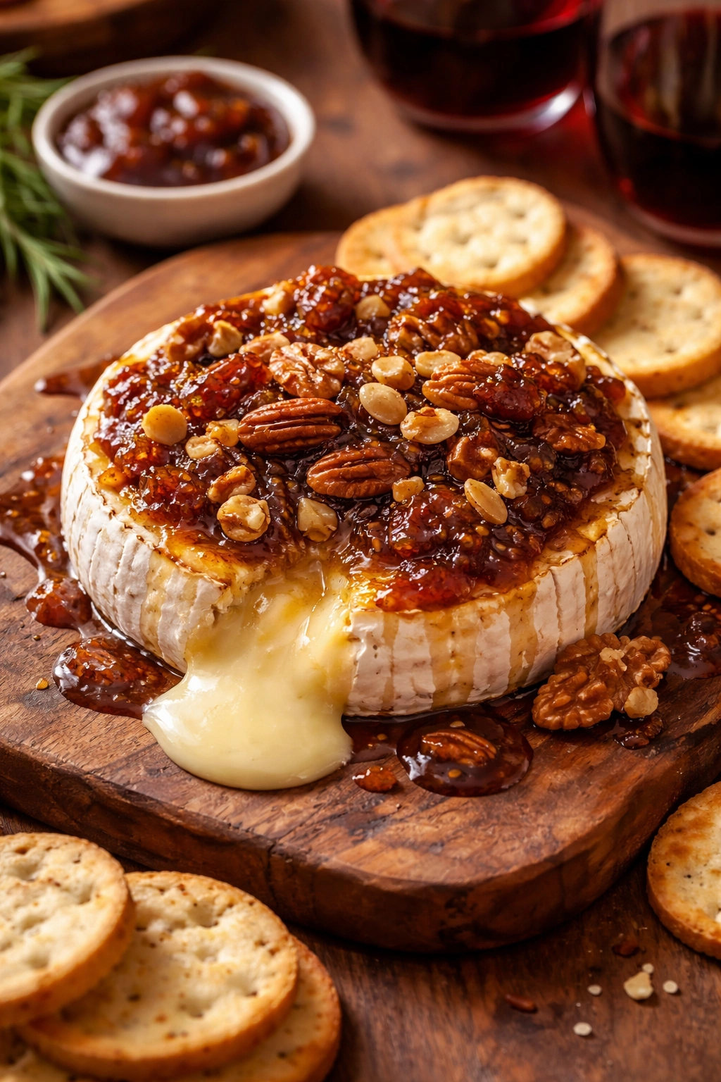 Close-up of warm baked Brie with nuts and fig jam on rustic board