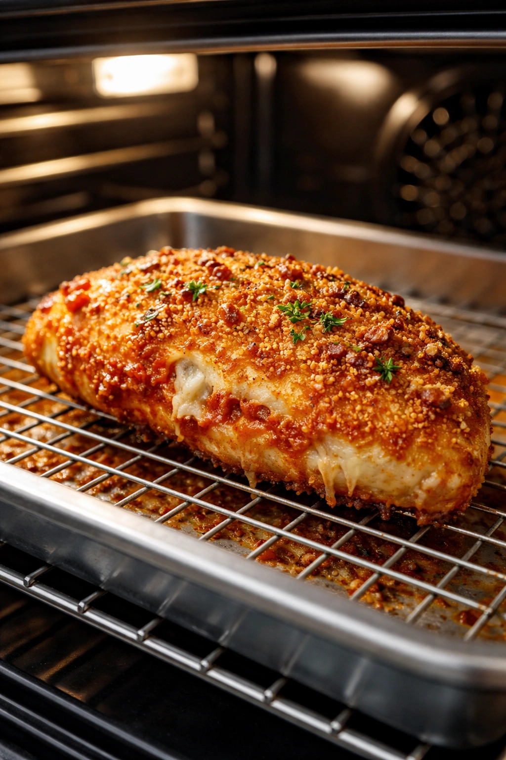 Crispy baked chicken breast on a wire rack inside oven