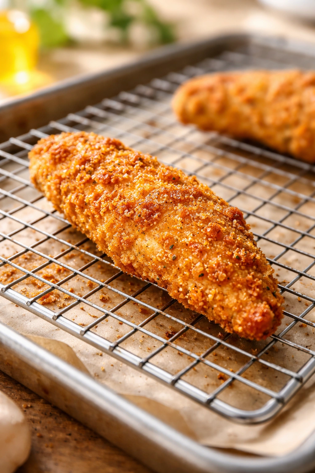 Golden-brown baked chicken tender with crispy crust on wire rack in bright kitchen