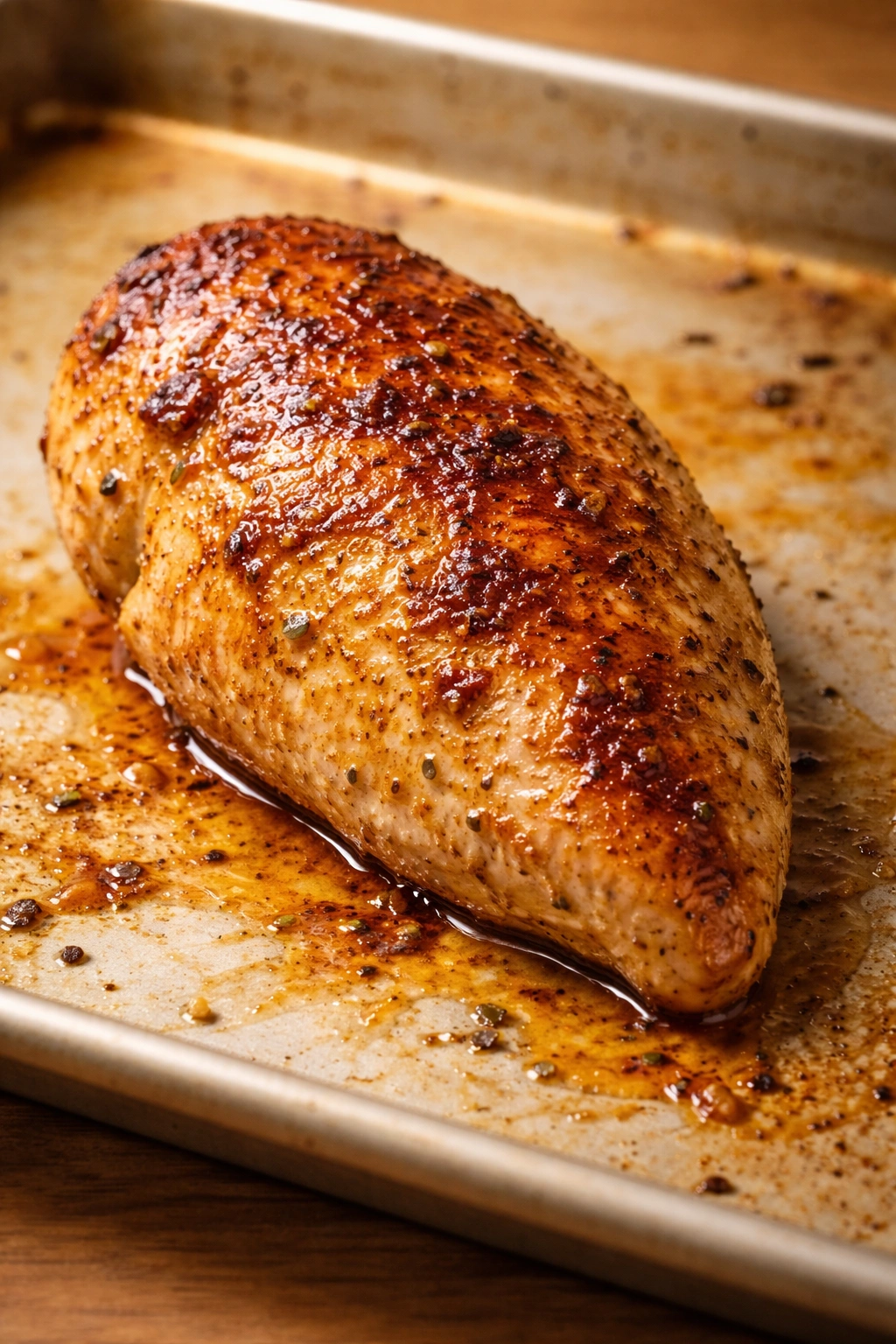 Juicy baked chicken breast with caramelized crust on baking sheet