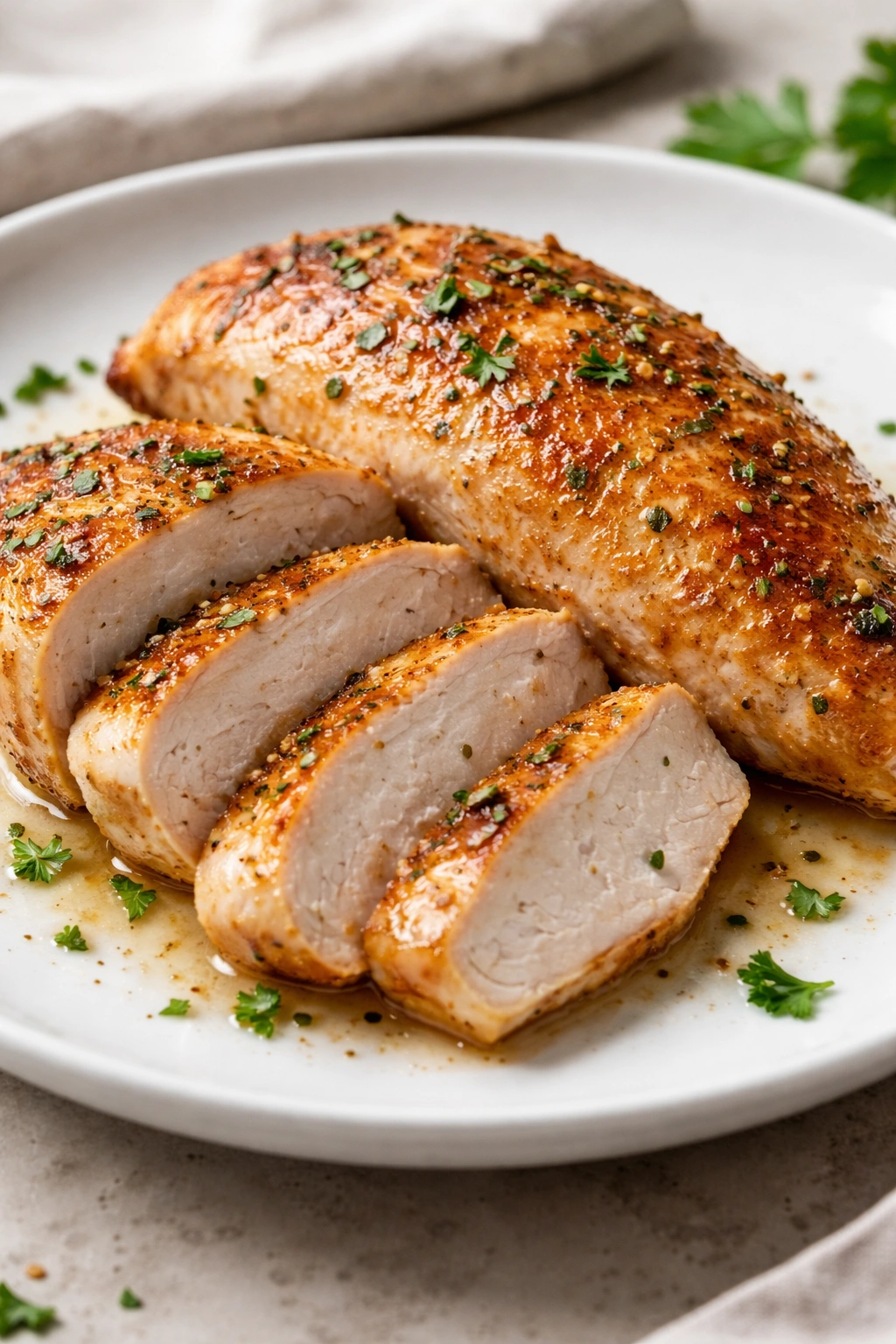 Close-up of golden-brown baked chicken on a plate