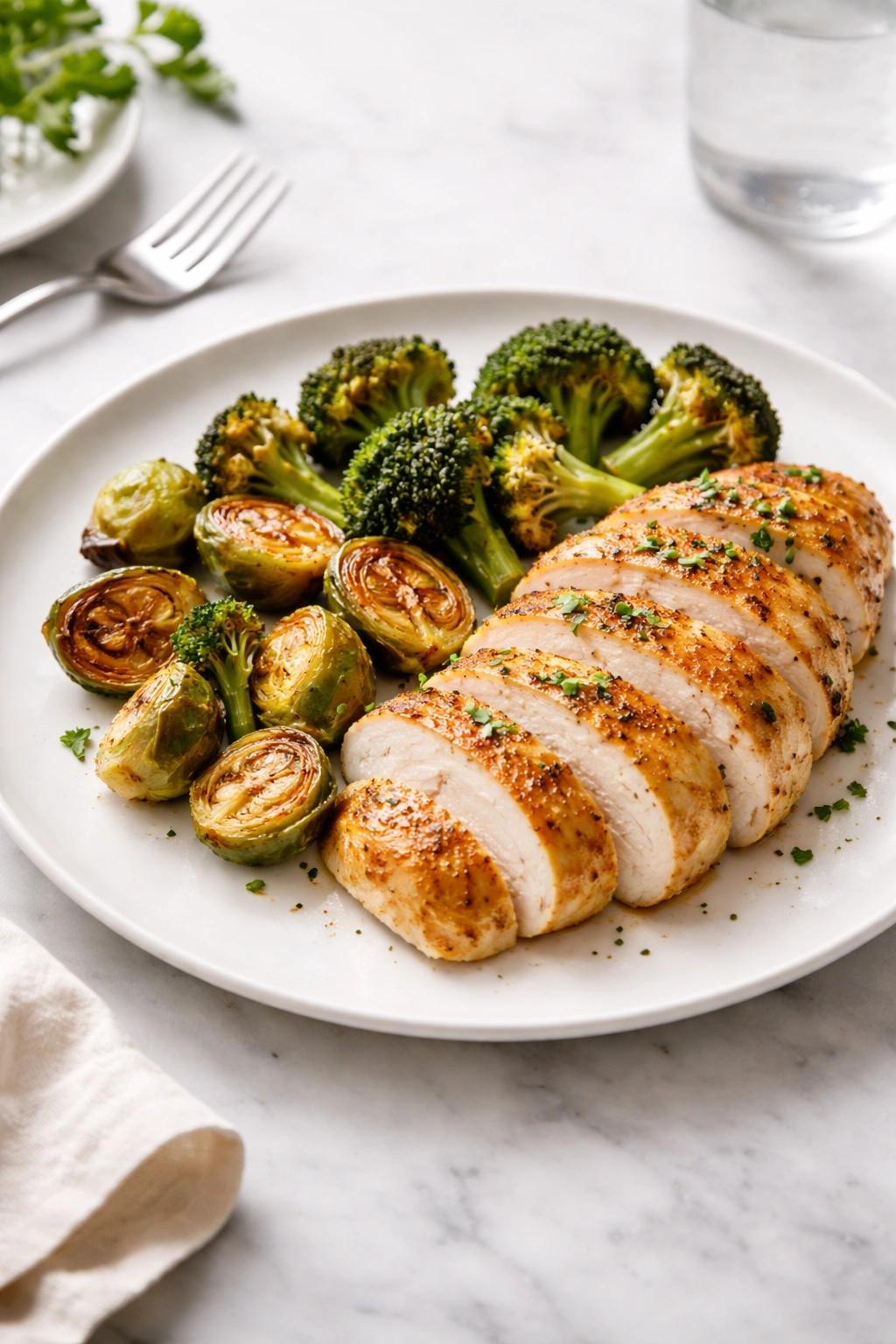 Elegant plate with baked chicken and roasted vegetables in a minimalist presentation