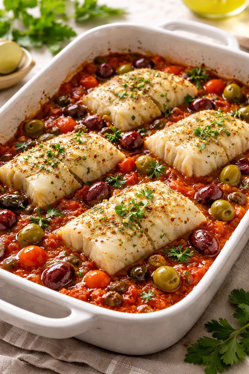 Cod fillets on tomato olive sauce in baking dish
