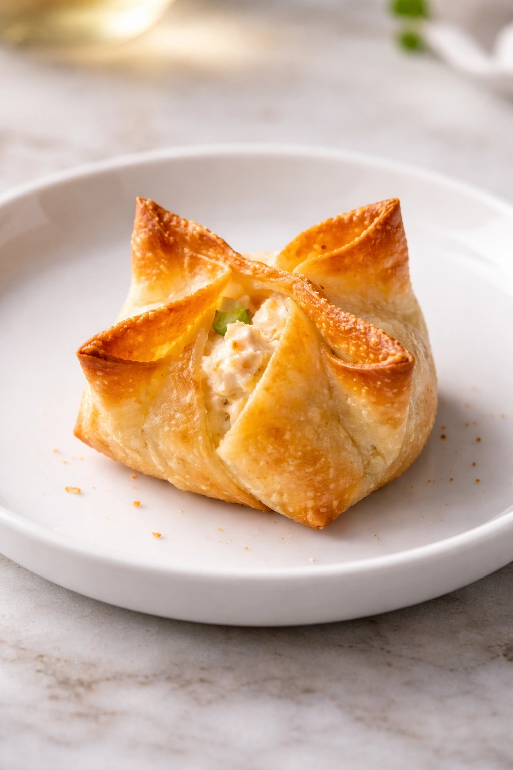 Close-up of a golden baked crab rangoon showing a delicate crisp exterior