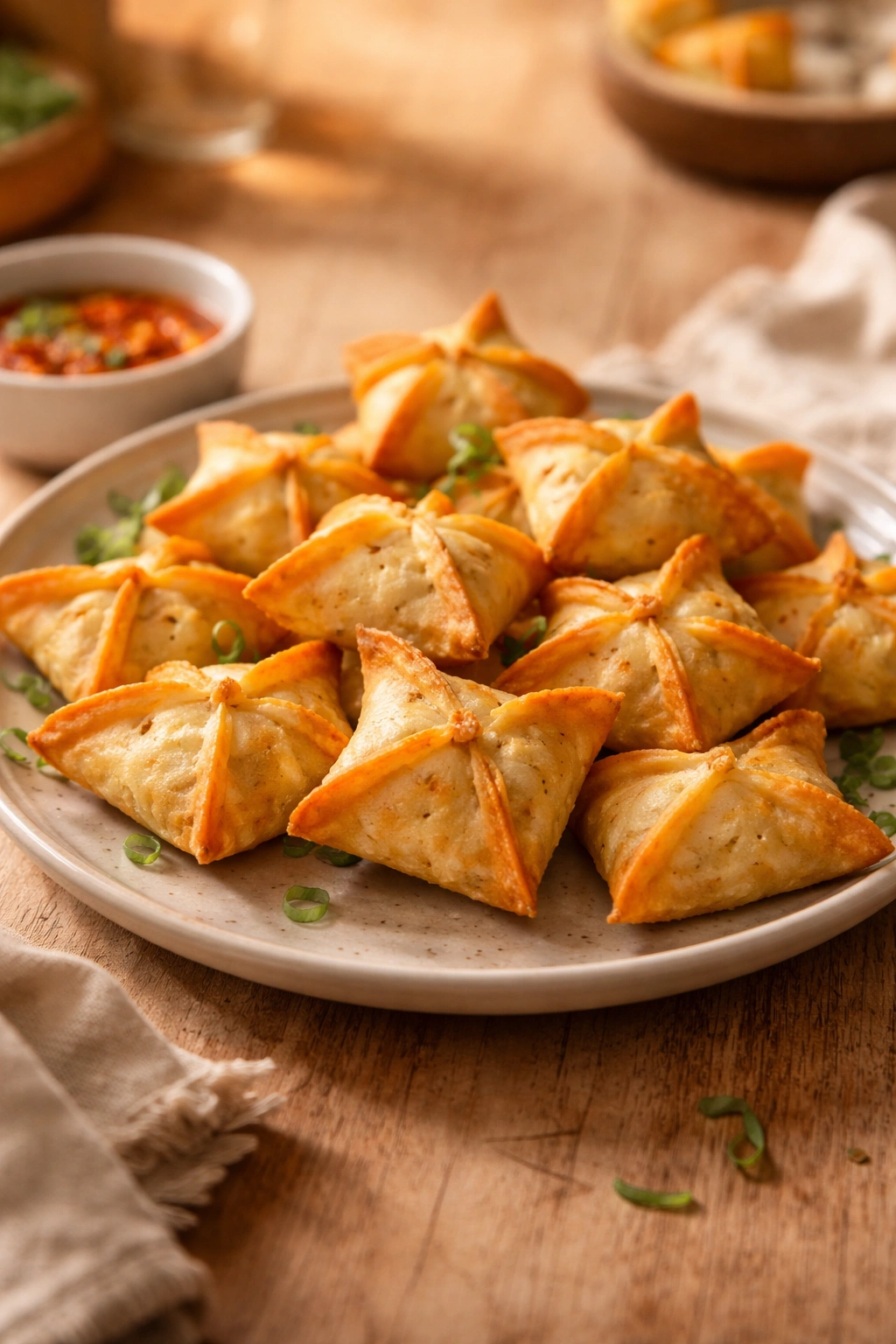 Plate of golden baked crab rangoon on a wooden surface