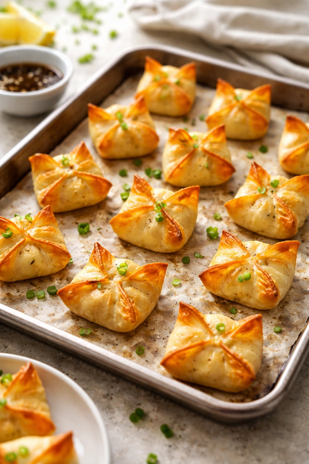 Close-up of baked crab rangoons on a baking sheet