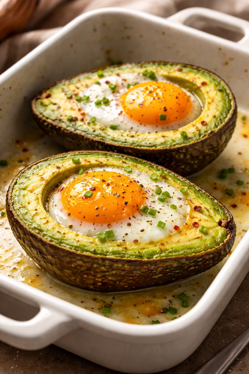 Avocado halves filled with eggs and baked until set