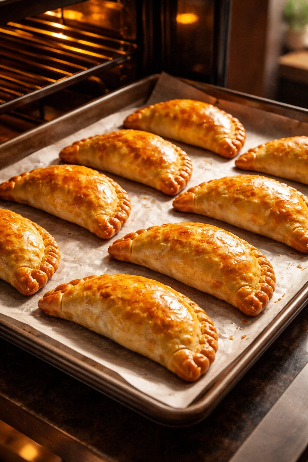 Golden-brown baked empanadas on parchment-lined sheet