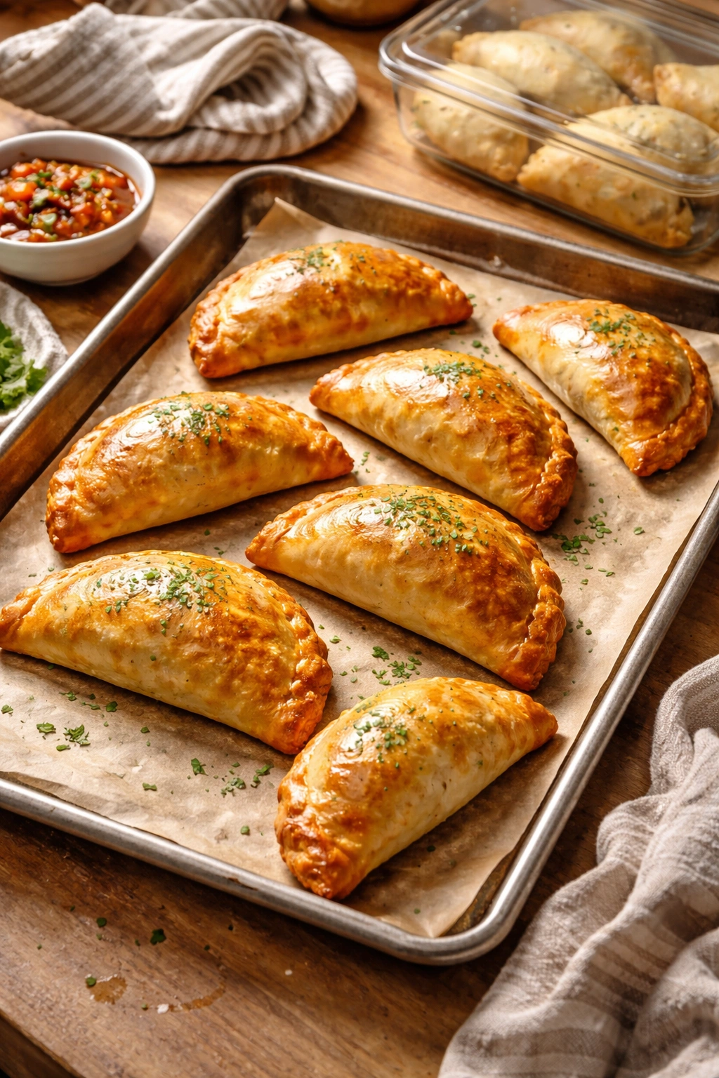 Baked empanadas on parchment-lined sheet ready for reheating
