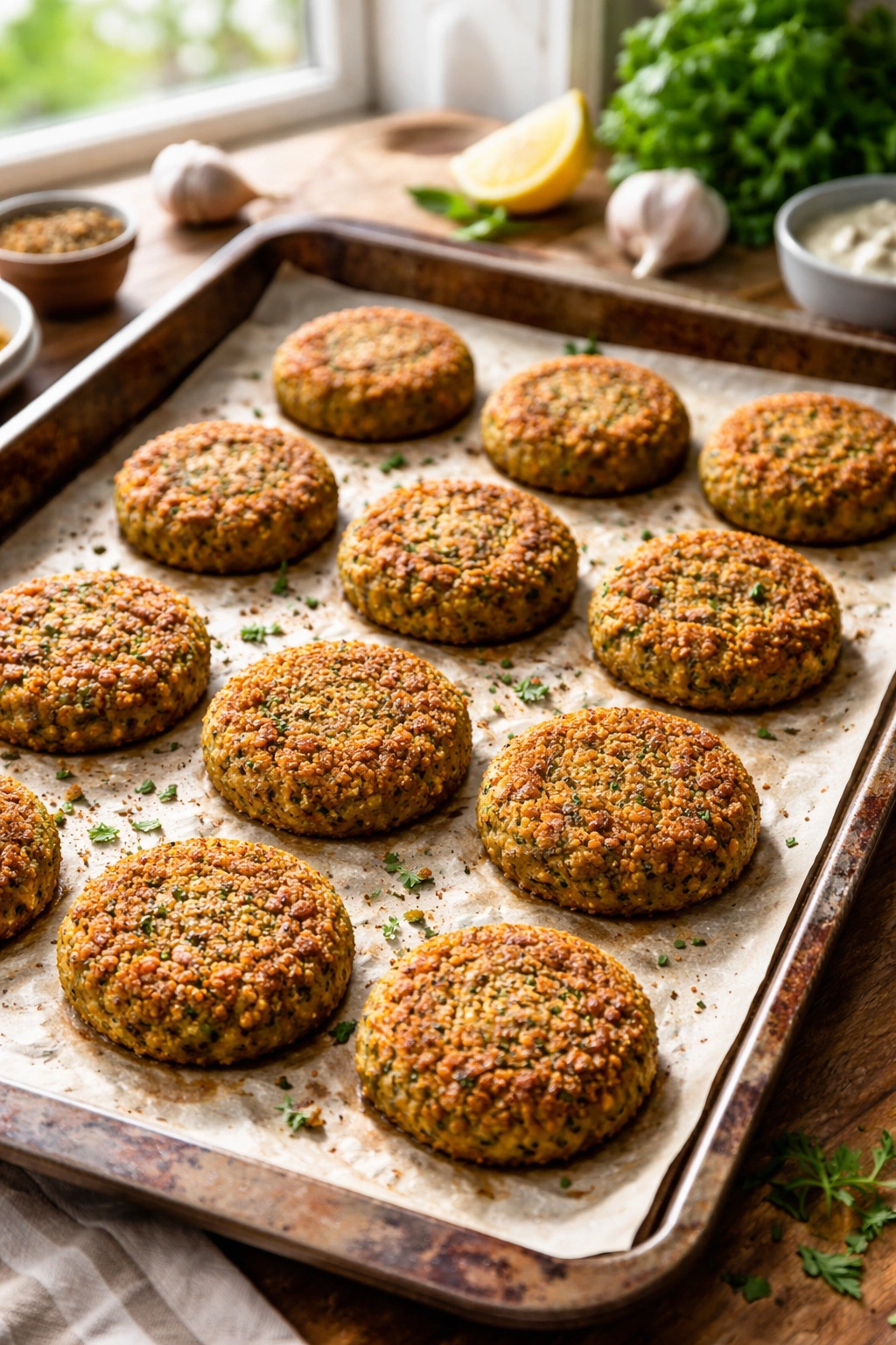 Close-up of golden baked falafel patties on parchment-lined sheet with crispy exterior
