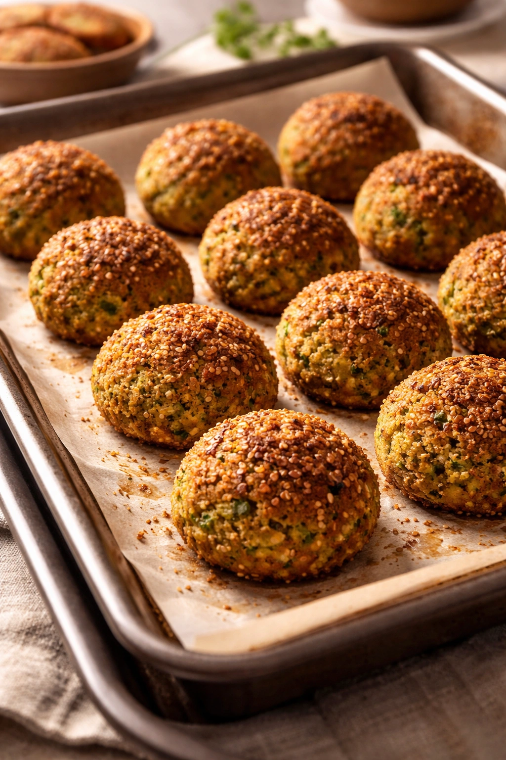 Close-up of golden-brown baked falafel on parchment for crisp crust