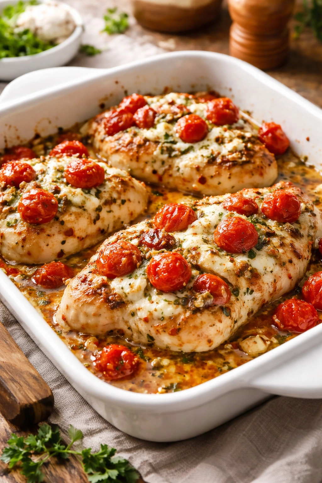 Close-up of baked feta chicken with melted feta and tomatoes on a rustic surface