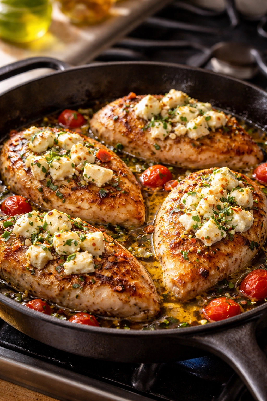 Baked Feta Chicken in a sizzling skillet with melting feta and golden-brown edges.