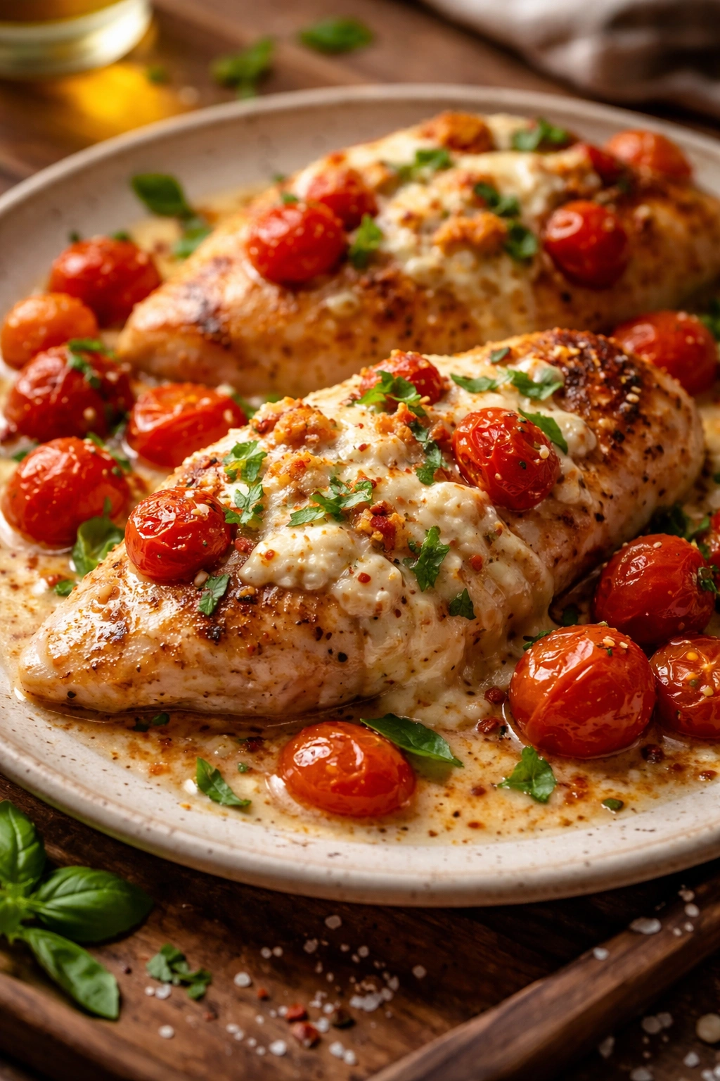 Close-up of baked feta chicken on a rustic plate with feta sauce and tomatoes