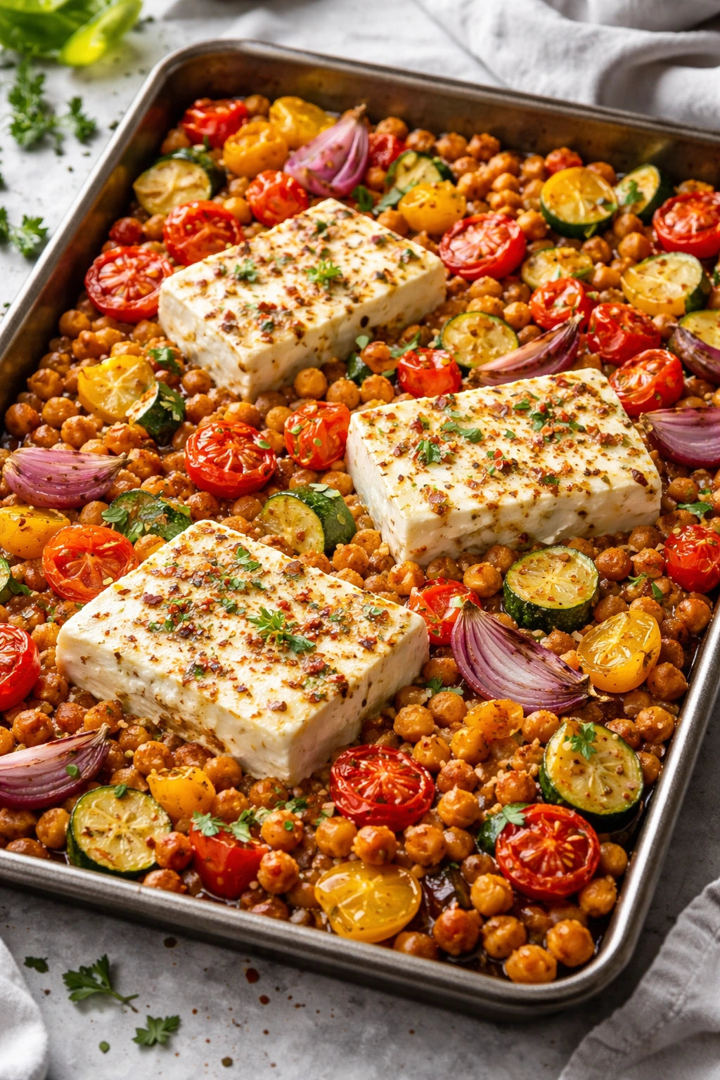 Baked feta with crispy chickpeas and colorful vegetables on a sheet pan