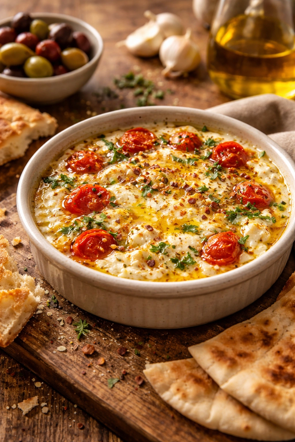 Close-up of creamy melted feta dip in a small dish with olive oil