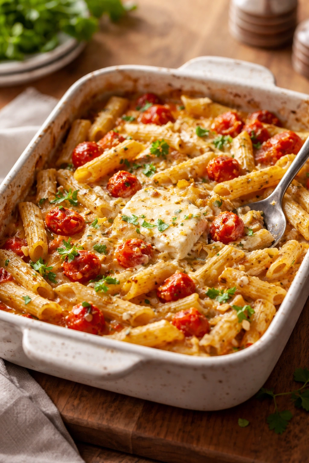 Close-up of baked feta pasta with creamy feta-tomato sauce coating pasta, photorealistic