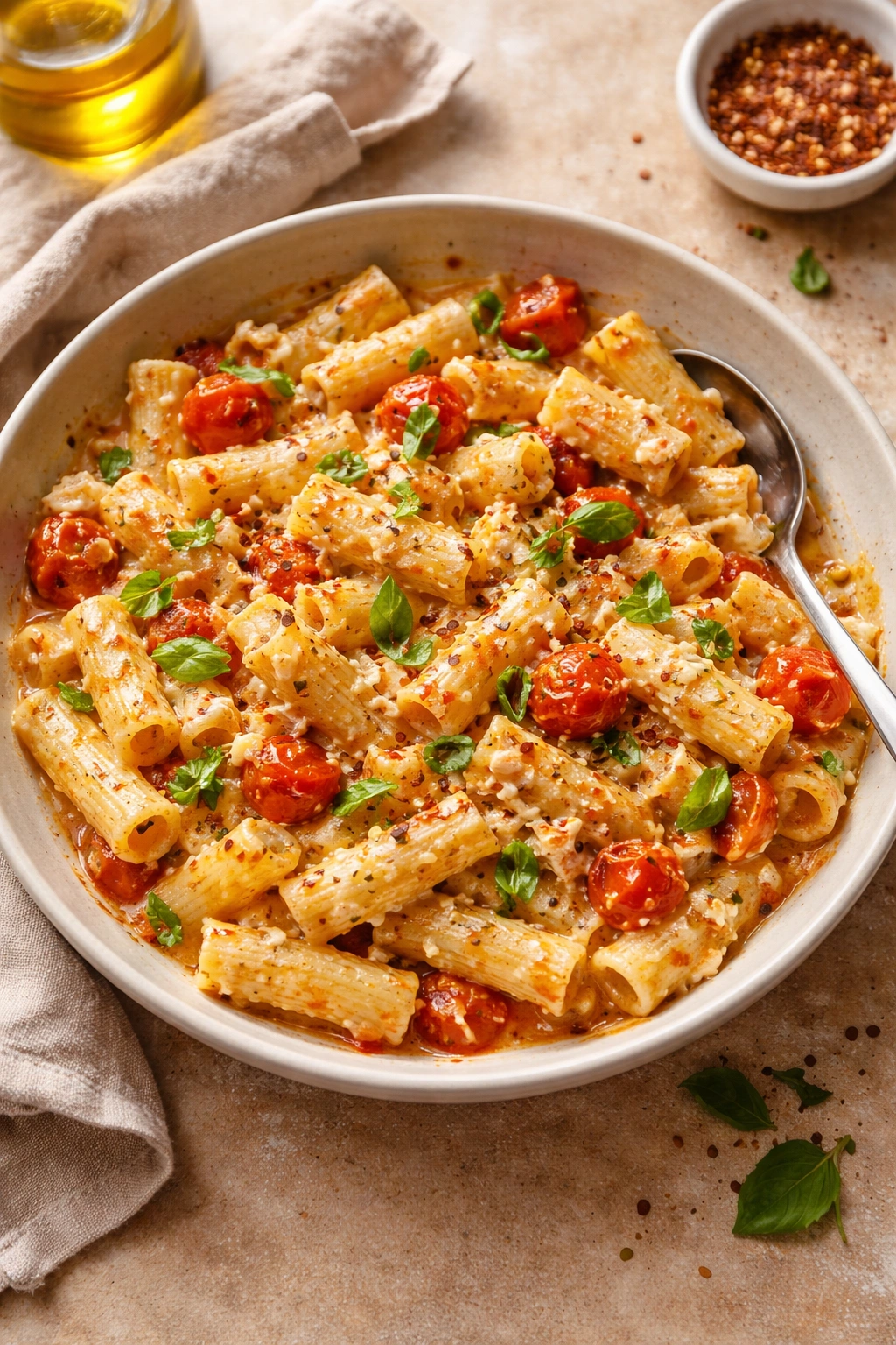 Creamy baked feta pasta plated simply in a shallow dish