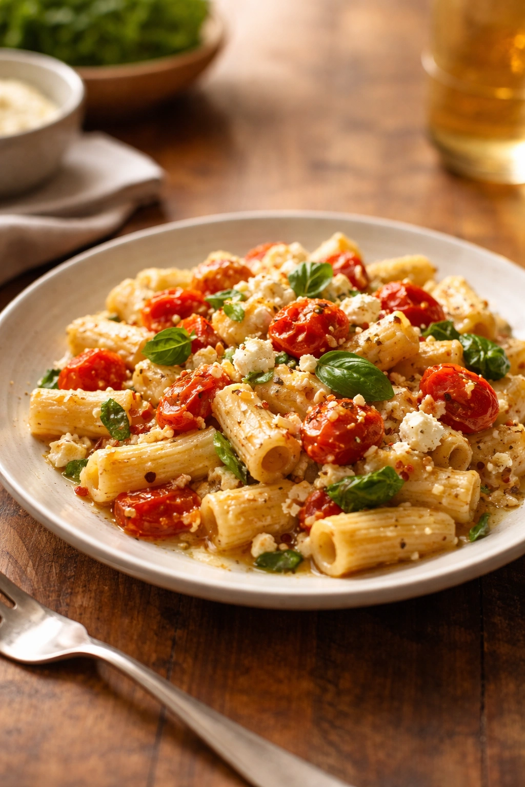 Plate of baked feta pasta with creamy sauce on a rustic wooden table
