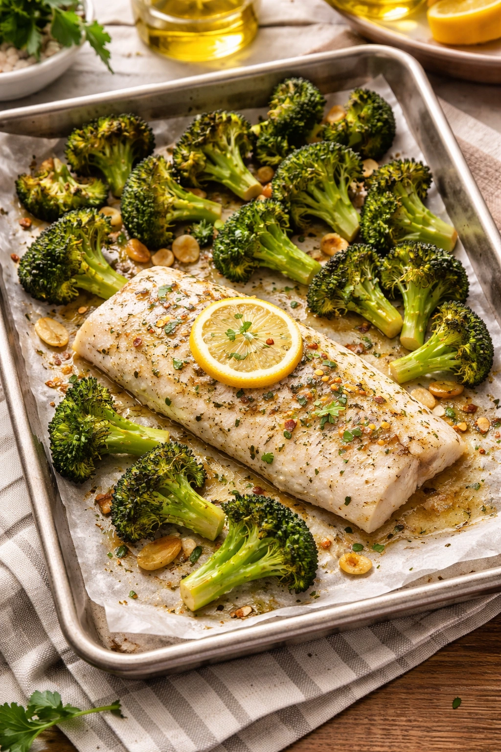 Single baked fish fillet with roasted broccoli on parchment