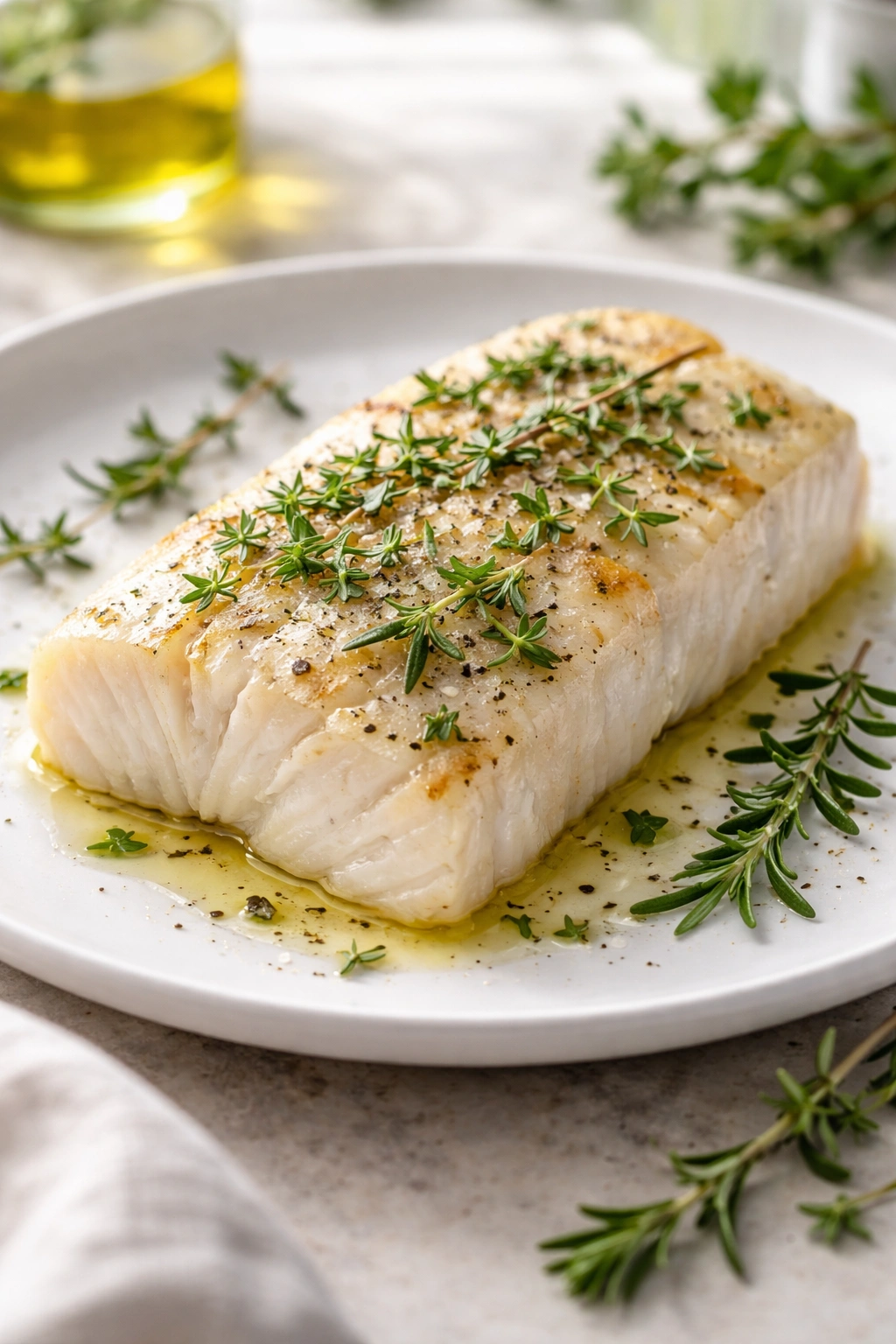 Close-up of a baked white fish fillet with olive oil and herbs on a plate