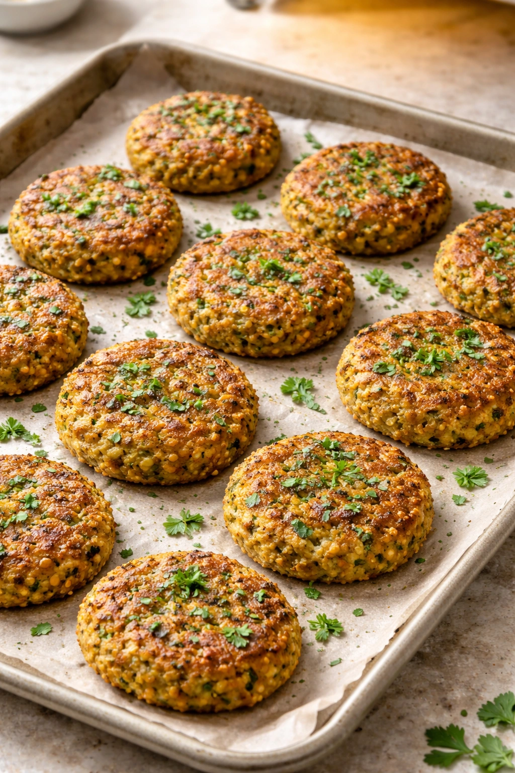 Golden baked chickpea fritters on parchment