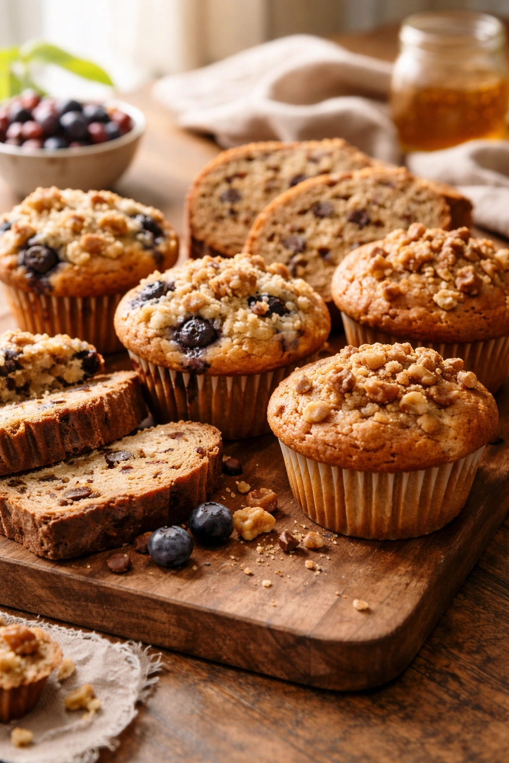 Close-up of muffins on a wooden board representing portable one-handed baked goods