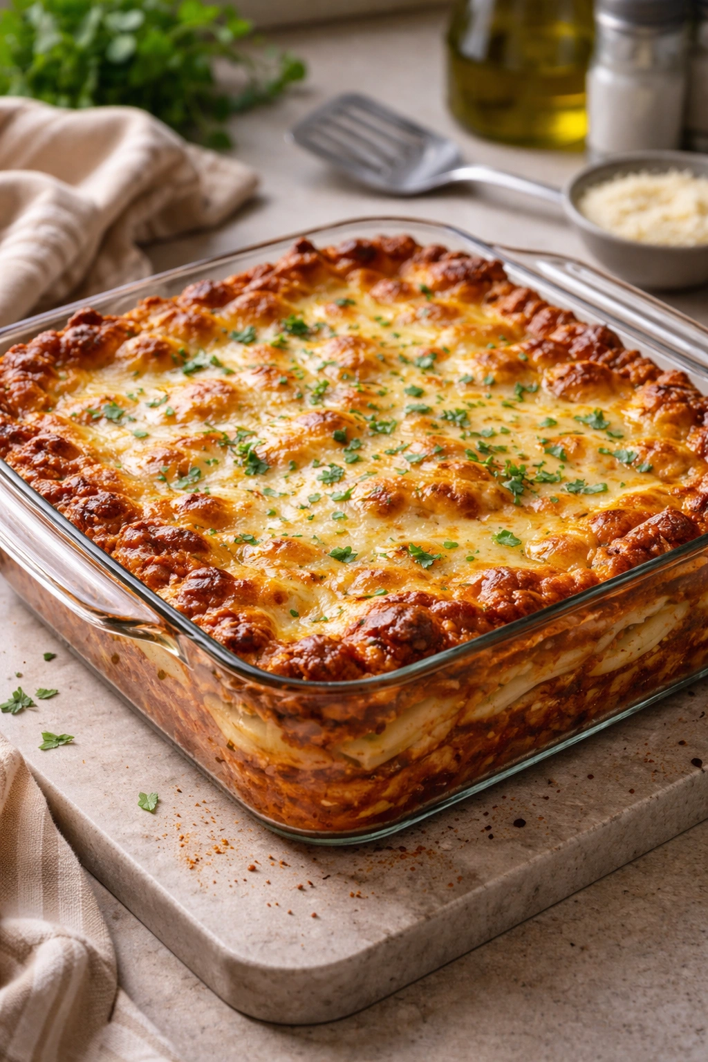 Baked lasagna resting with golden cheese crust
