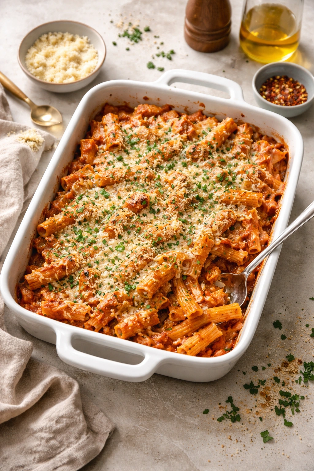 Baked pasta dish with golden crust and cheese topping