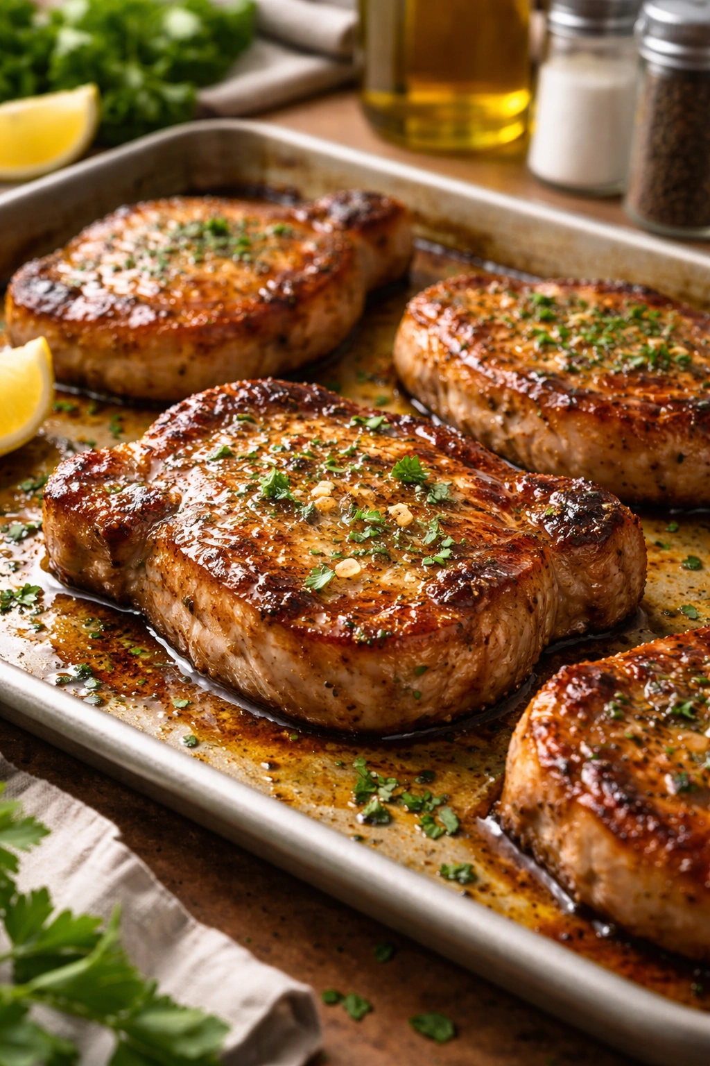 Close up of baked pork chops with golden crust on a baking sheet