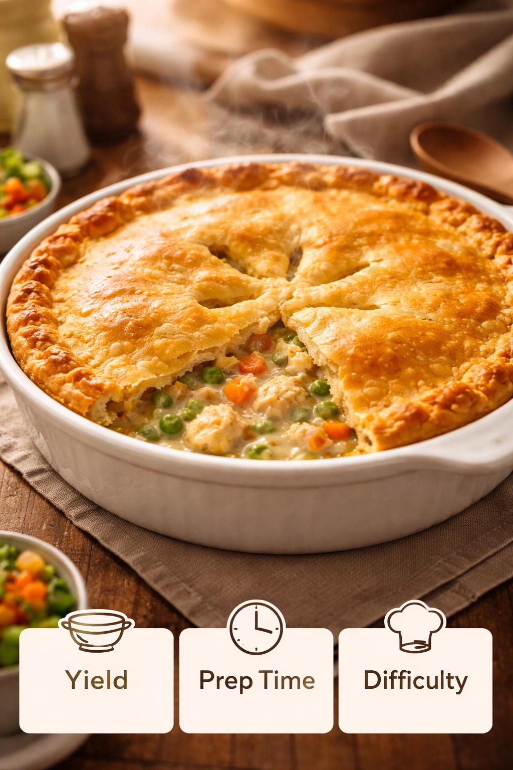 Golden-brown baked chicken pot pie in a ceramic dish